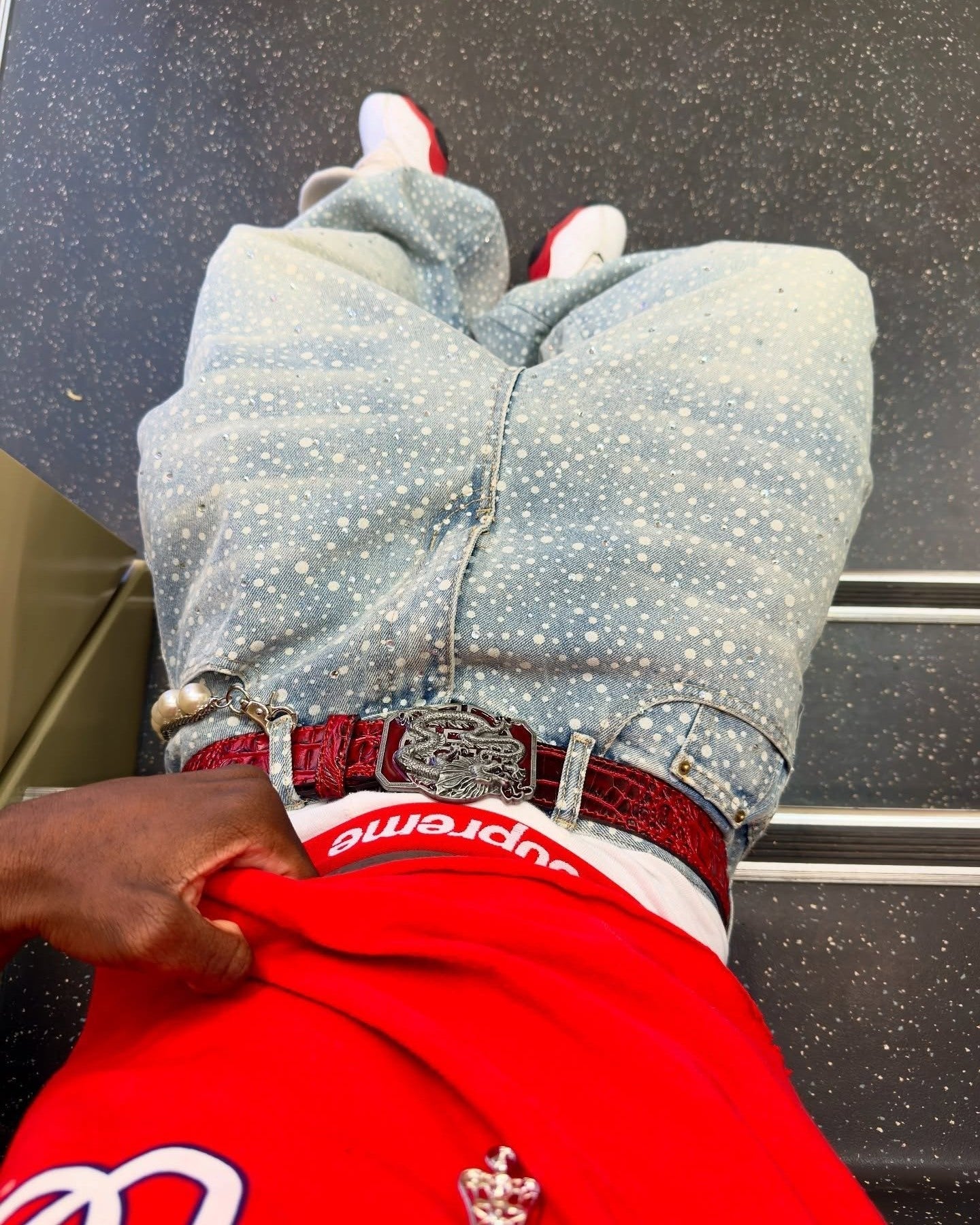 Thesupermade Ink Splashed Hotfix Rhinestone Baggy Jeans - 2306