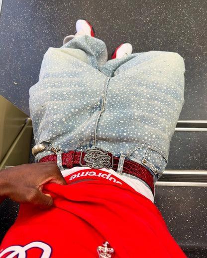 Thesupermade Ink Splashed Hotfix Rhinestone Baggy Jeans - 2306