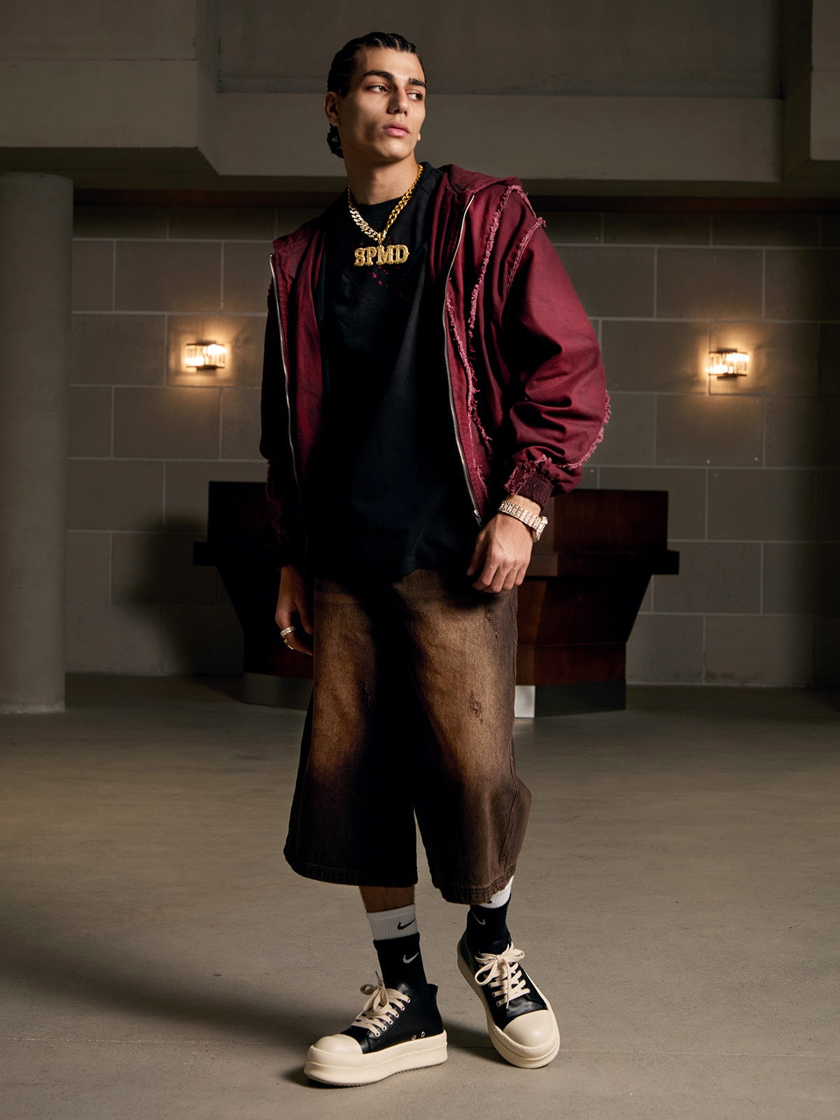 Thesupermade Washed Distressed Fur Hooded Jacket