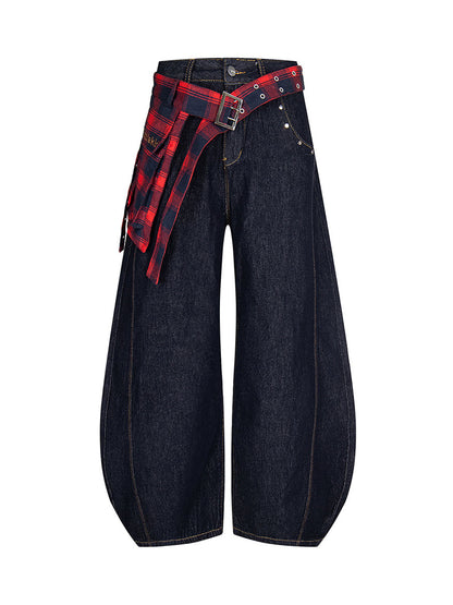 Washed Plaid Belt Barrel Jeans