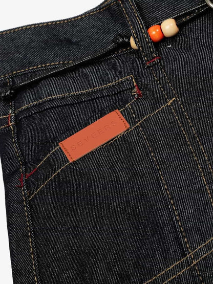 Stylish High-Waisted Denim Trousers with Beaded Drawstring Detail