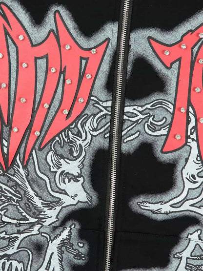 Retro Gothic Print Rhinestone Zip-Up Hoodie