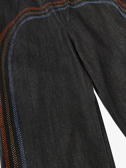 Stylish Wide-Leg Denim Pants with Rainbow Dot Embroidery for Women