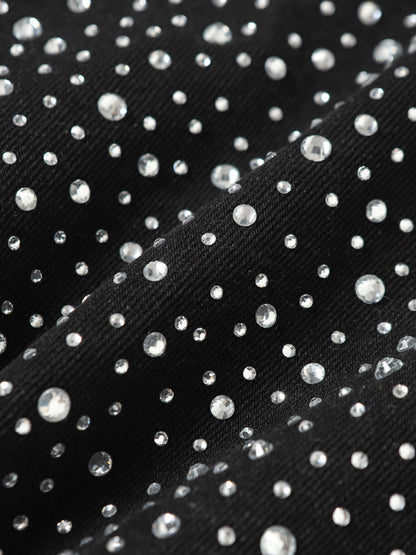 Retro Washed Rhinestone Raw Edge Denim Shorts - 2419