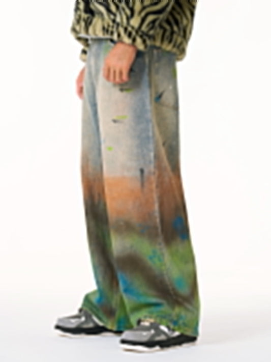 Tie-Dye Gradient Wide-Leg Jeans with Faux Fur Jacket Set - Perfect for Trendy Outfits