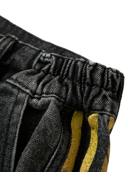 Distressed Striped Side Chain Patchwork Ripped Straight Jeans - 2391