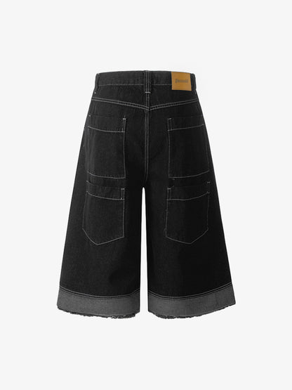 Retro Black Multi-pocket Exposed Raw Edge Cropped Jeans