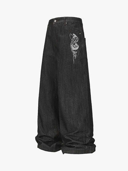 Wide-Leg Denim Trousers with Snake Embroidery - Stylish and Comfortable for All Seasons