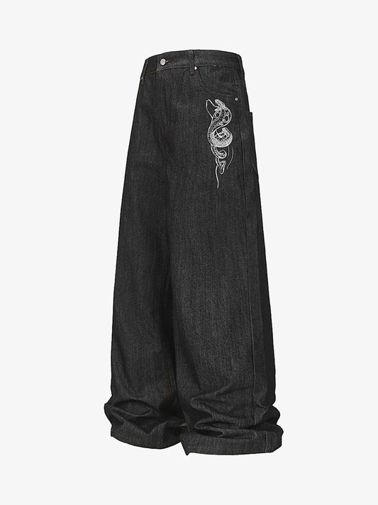 Wide-Leg Denim Trousers with Snake Embroidery - Stylish and Comfortable for All Seasons