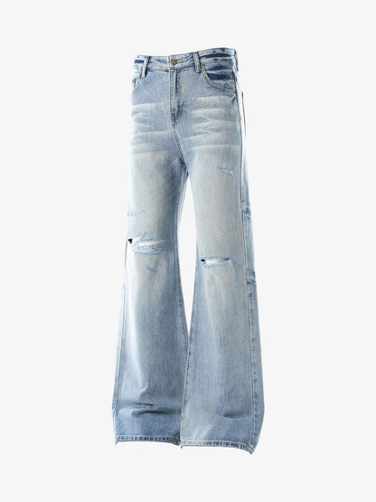 Hip-Hop Cut Distressed Washed Jeans