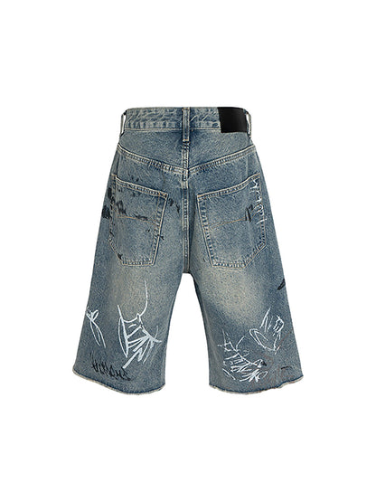 Ripped Hand-Painted Graffiti Ripped Jorts