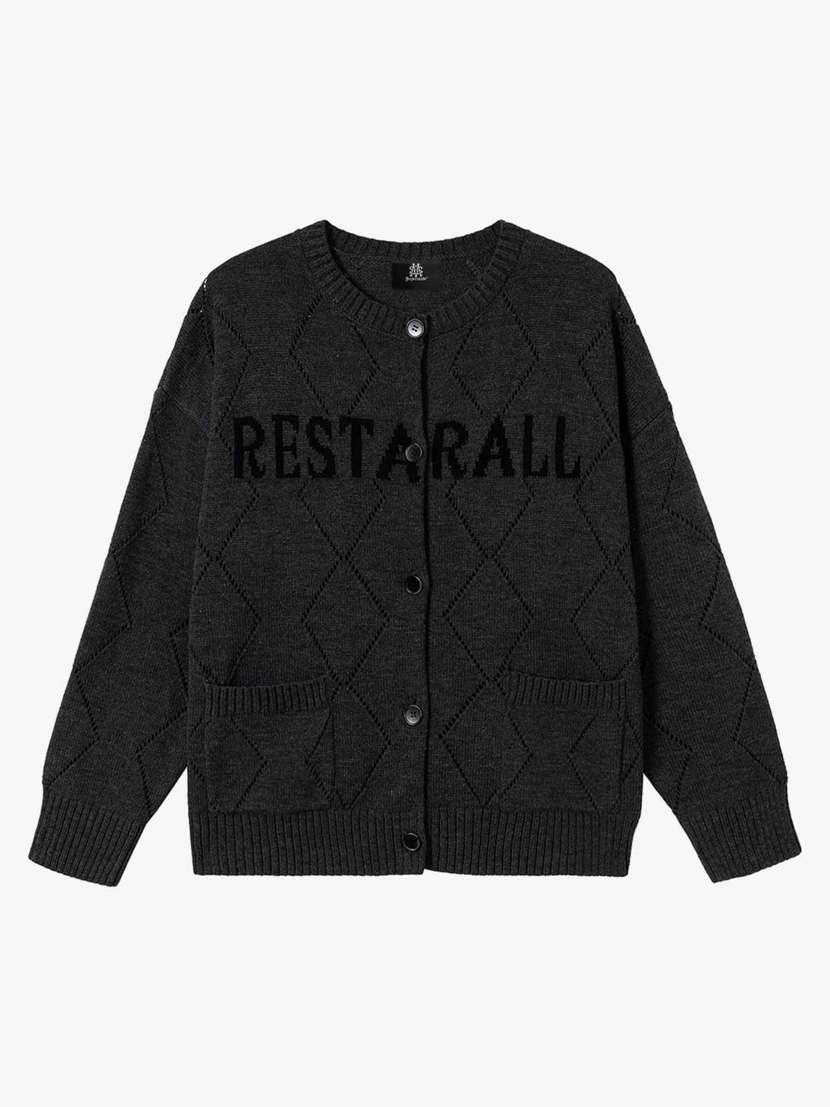 Mustard Yellow Knit Cardigan with Diamond Pattern and Bold Lettering