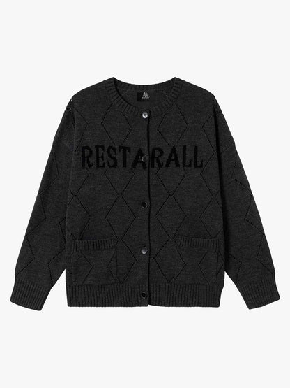 Mustard Yellow Knit Cardigan with Diamond Pattern and Bold Lettering