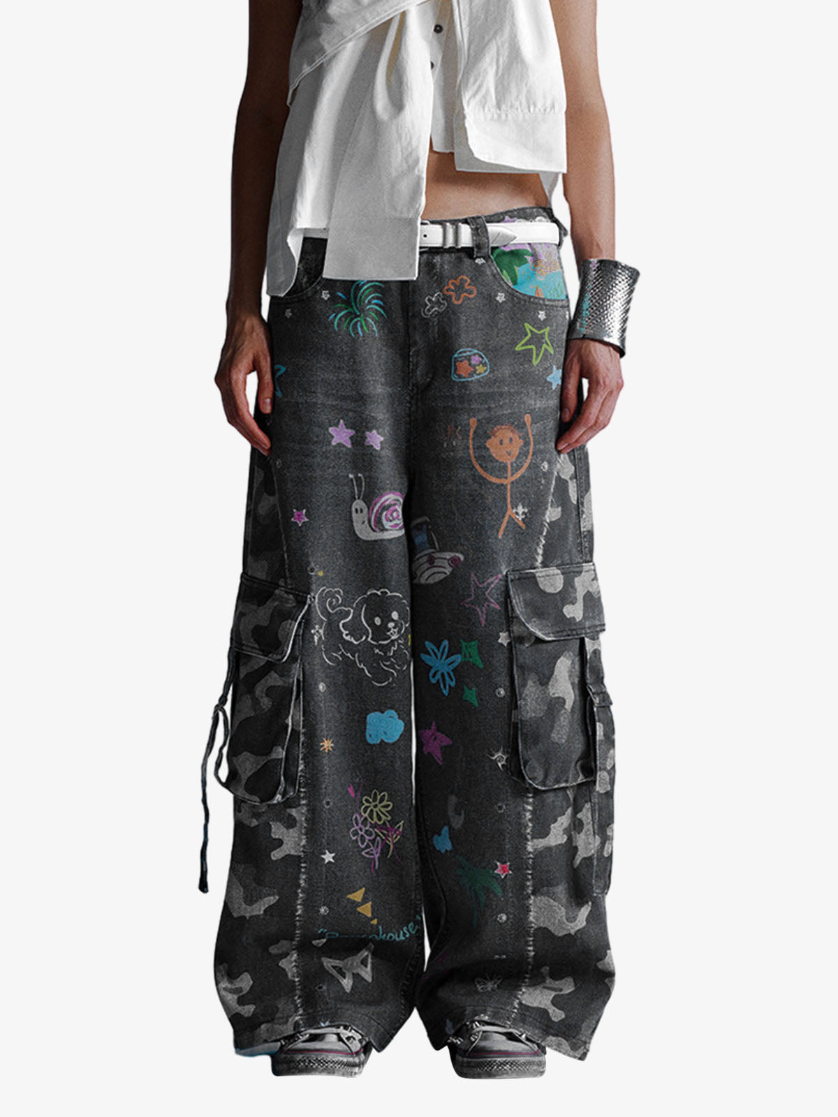 Thesupermade Graffiti Print Cold Transfer Camouflage Layered Cargo Jeans