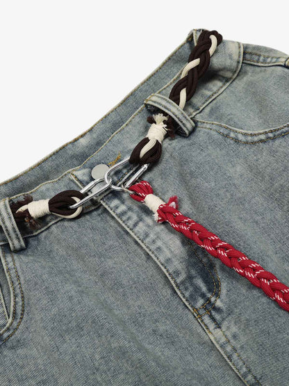 Wide-Leg Denim Trousers with Unique Braided Belt Detail