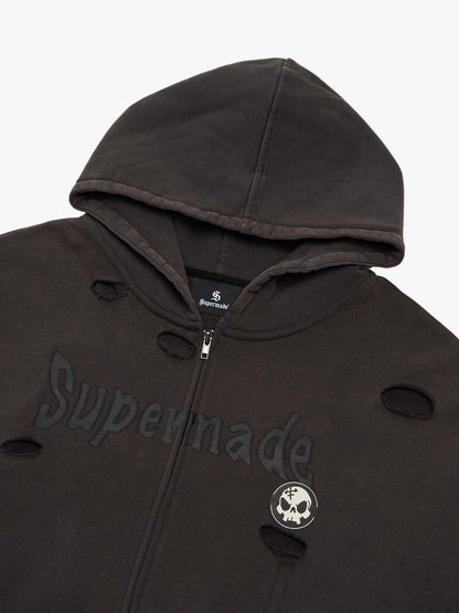 Thesupermade Washed and Ripped Skull Themed Hooded Cardigan Sweatshirt Set