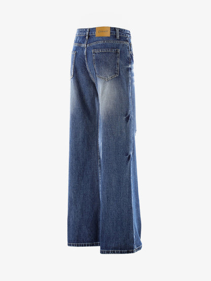 Hip-Hop Cut Distressed Washed Jeans