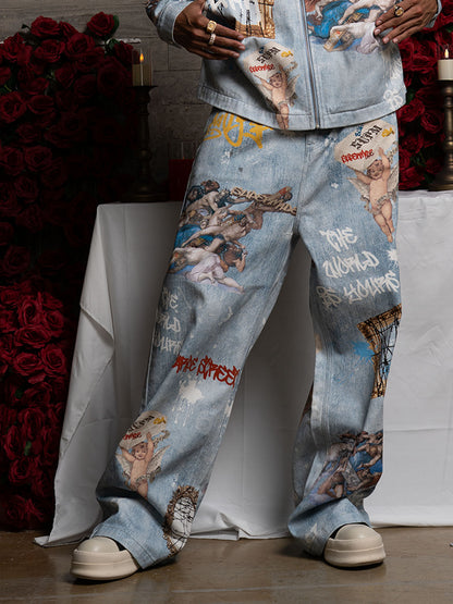Artistic Denim Wide-Leg Jeans with Angelic Prints and Graffiti Details