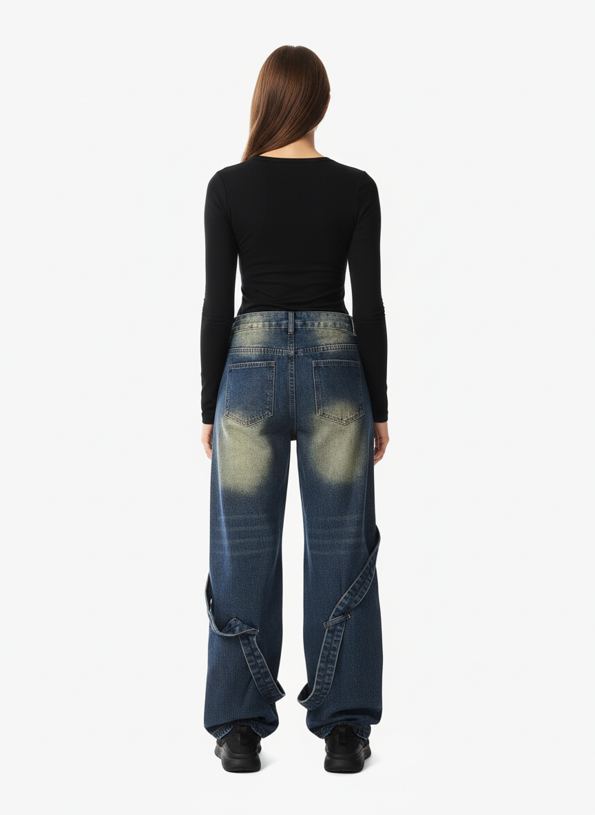 Washed Distressed Deconstructed Split Work Jeans