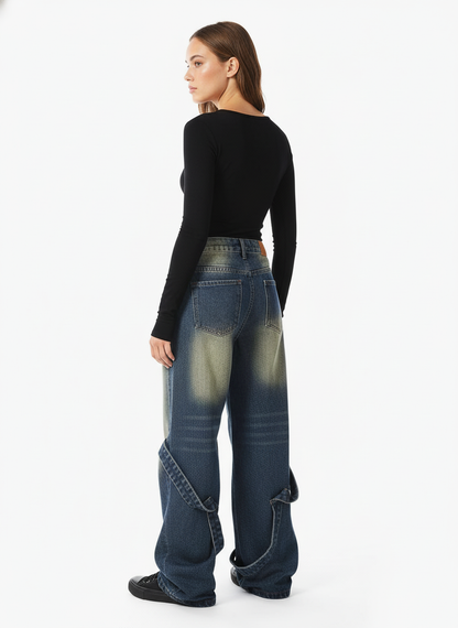 Washed Distressed Deconstructed Split Work Jeans