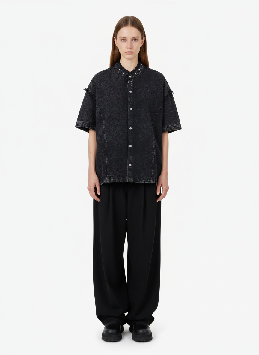 Rivet Deconstructed Split Stitching Denim Short-Sleeved Shirt