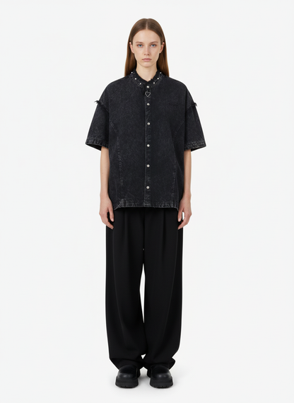 Rivet Deconstructed Split Stitching Denim Short-Sleeved Shirt