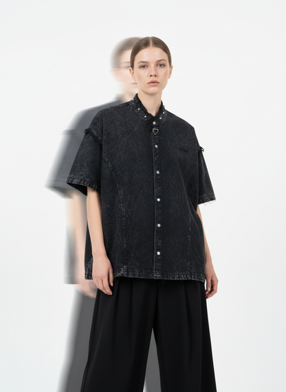Rivet Deconstructed Split Stitching Denim Short-Sleeved Shirt