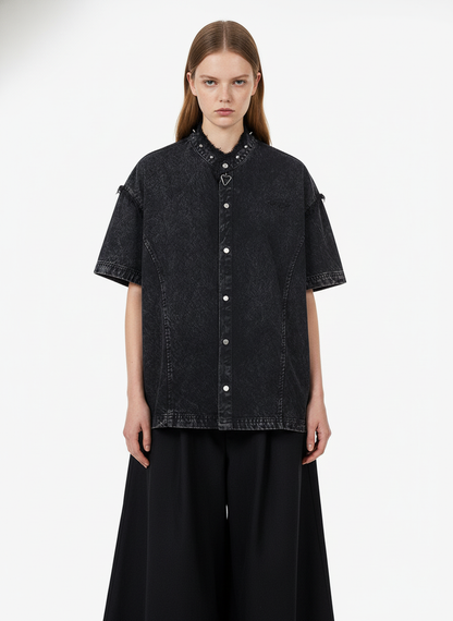 Rivet Deconstructed Split Stitching Denim Short-Sleeved Shirt