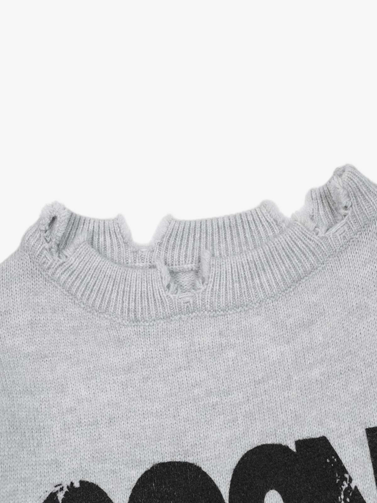 Letter Print Ripped Crew Neck Sweater