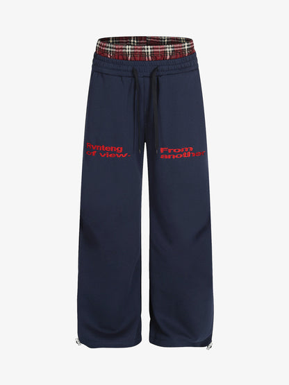 Wide-Leg Lounge Pants with Plaid Waistband and Stylish Lettering