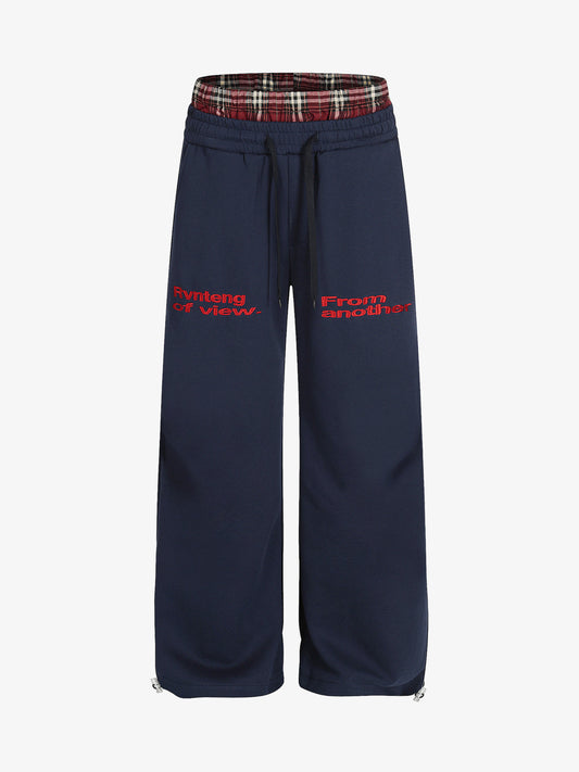 Wide-Leg Lounge Pants with Plaid Waistband and Stylish Lettering
