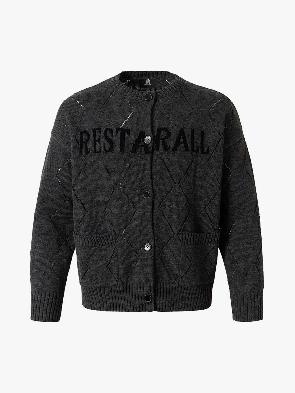 Mustard Yellow Knit Cardigan with Diamond Pattern and Bold Lettering