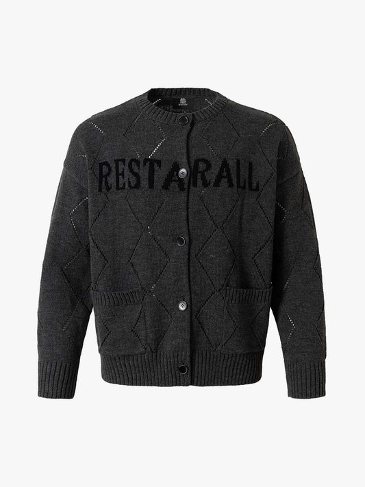 Mustard Yellow Knit Cardigan with Diamond Pattern and Bold Lettering