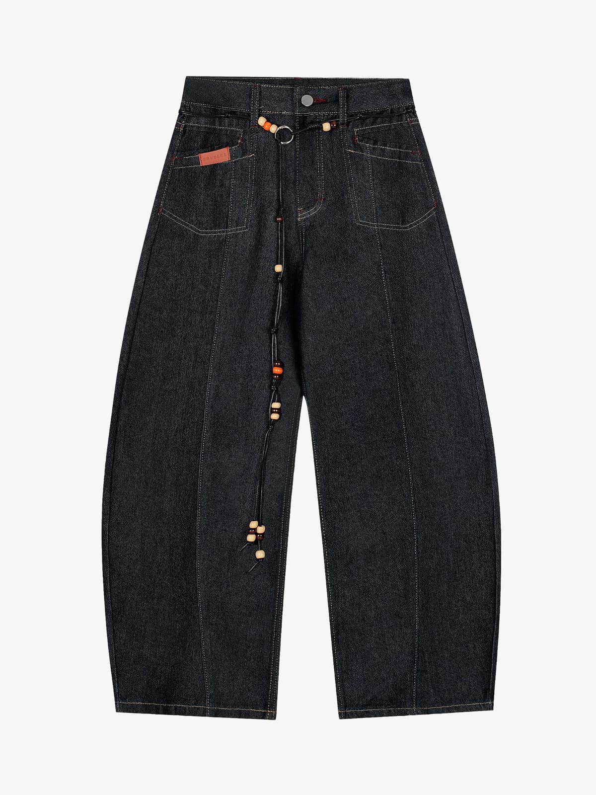 Stylish High-Waisted Denim Trousers with Beaded Drawstring Detail