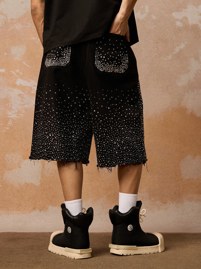 Retro Washed Rhinestone Raw Edge Denim Shorts - 2419