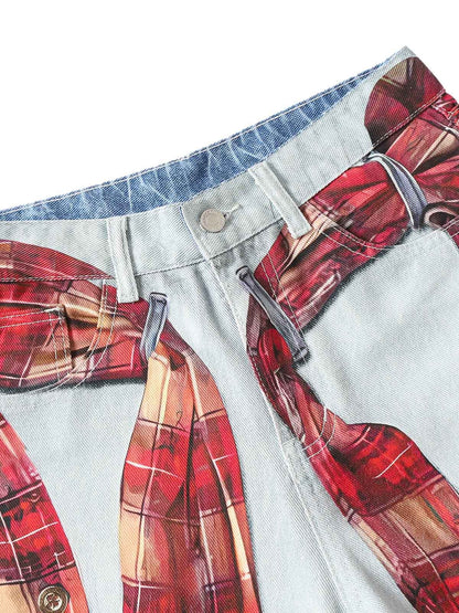 Plaid Print Baggy Jeans