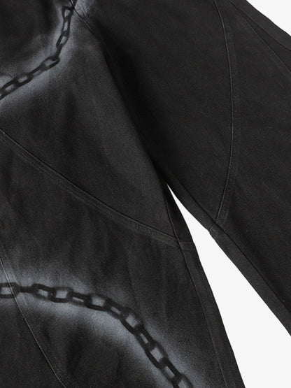 Chain Print Raw Edge Washed Wide-Leg Jeans