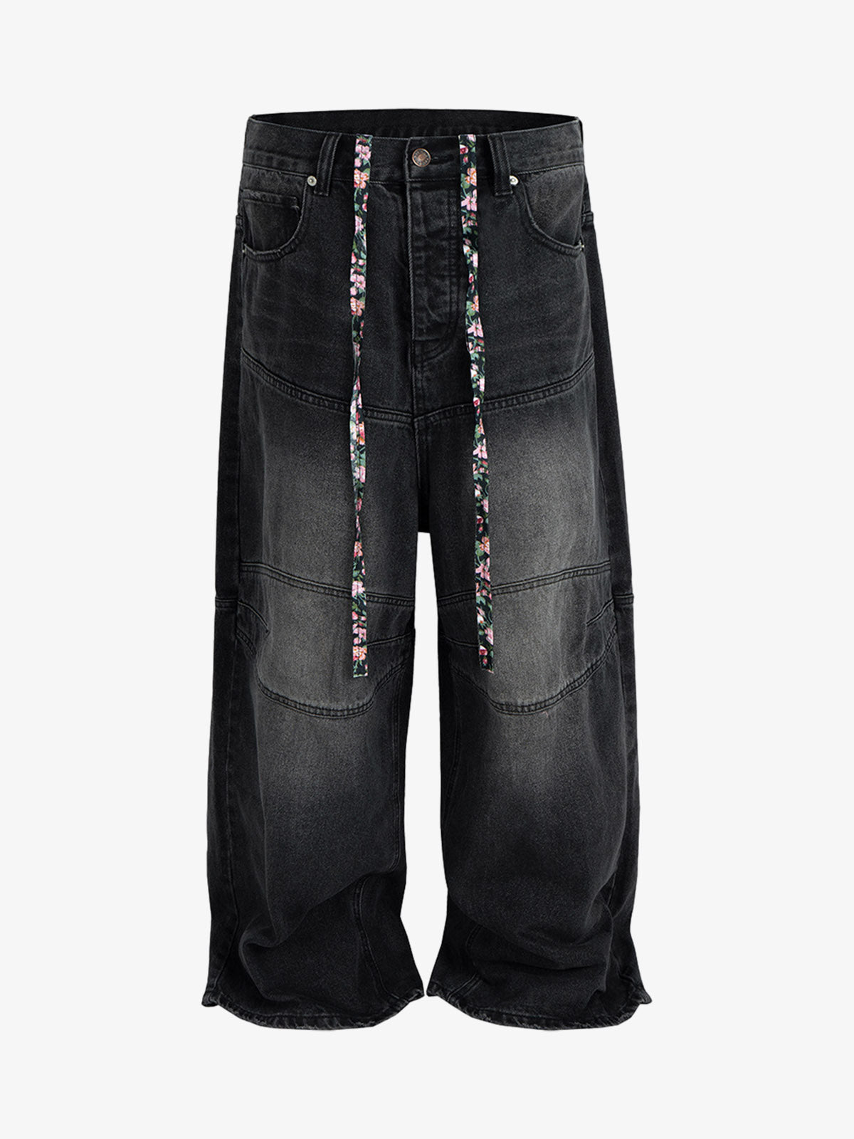 Wide-Leg Denim Trousers with Unique Floral Drawstring and Bold Street Style Design