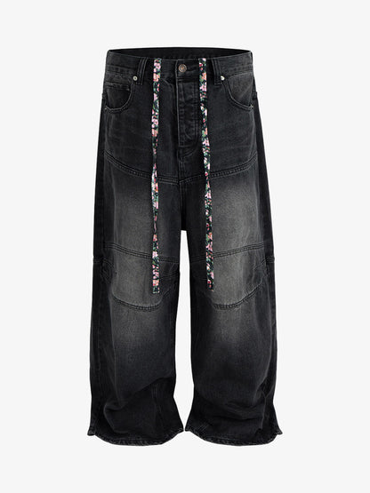 Wide-Leg Denim Trousers with Unique Floral Drawstring and Bold Street Style Design
