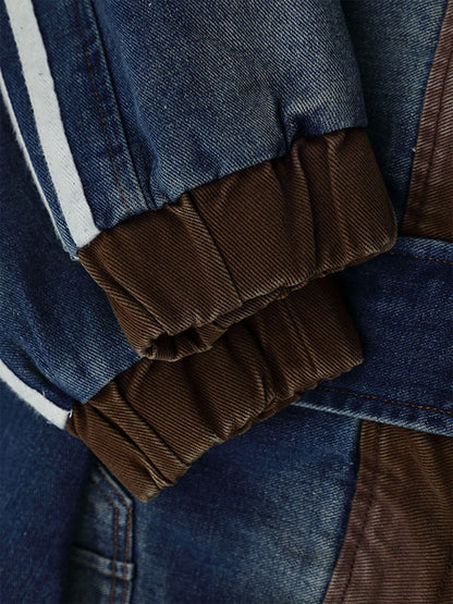 Stylish Denim Jacket with Embroidered Details and Striped Sleeves