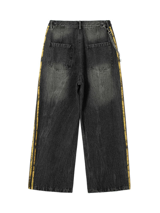 Distressed Striped Side Chain Patchwork Ripped Straight Jeans - 2391