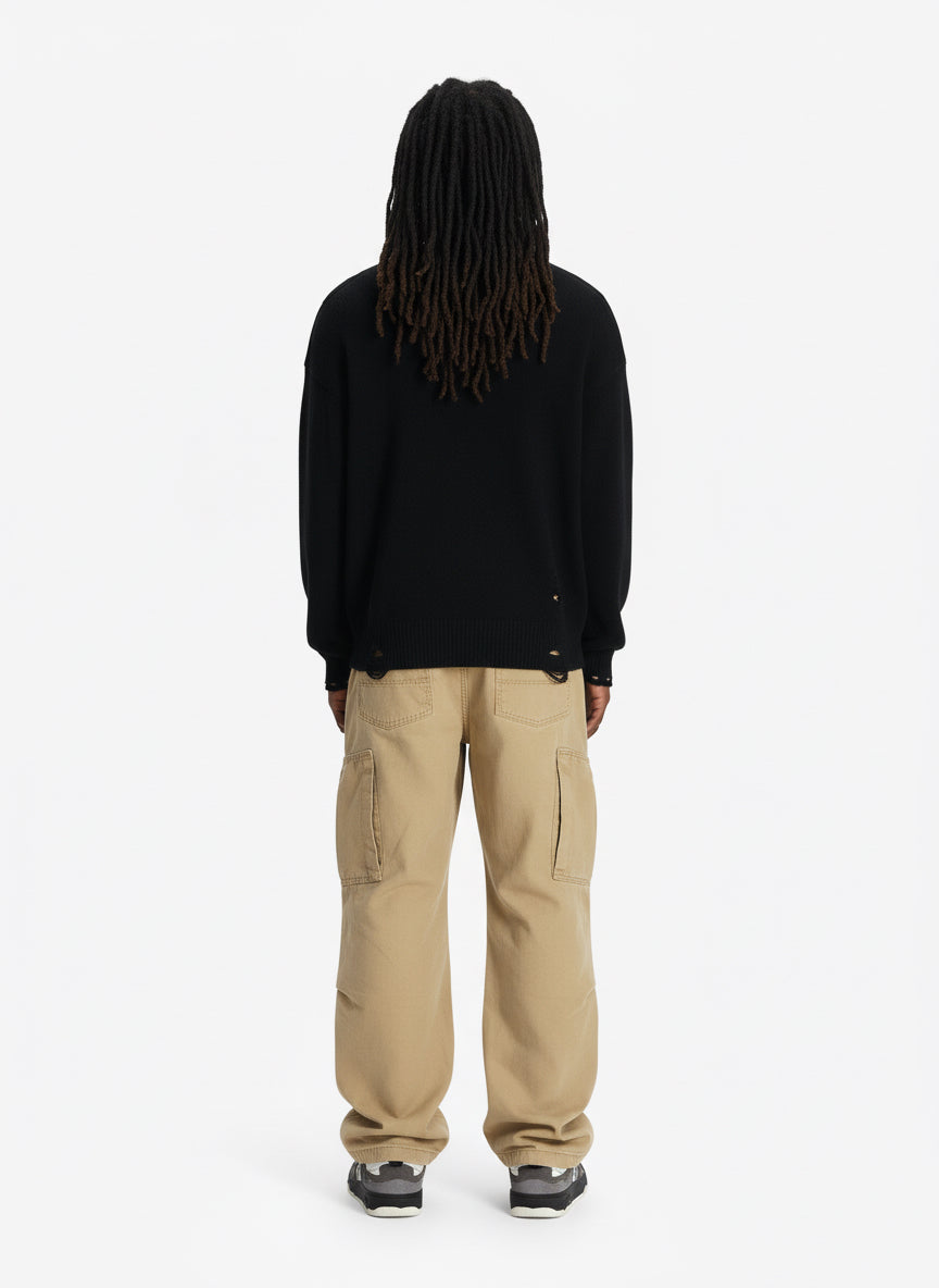 Distressed Ripped-Edge Turtleneck Diamond Star Zipper Knitted Sweater