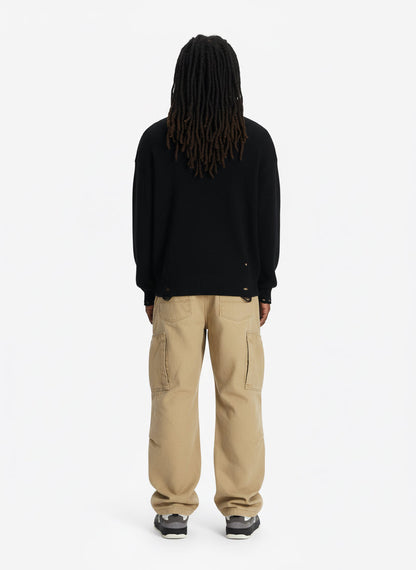 Distressed Ripped-Edge Turtleneck Diamond Star Zipper Knitted Sweater