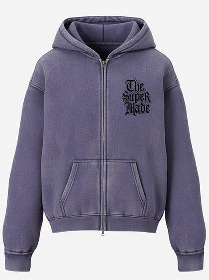 Thesupermade Washed Batik Distressed Double Zipper Cardigan Hooded Sweatshirt Sketch Skull Clock