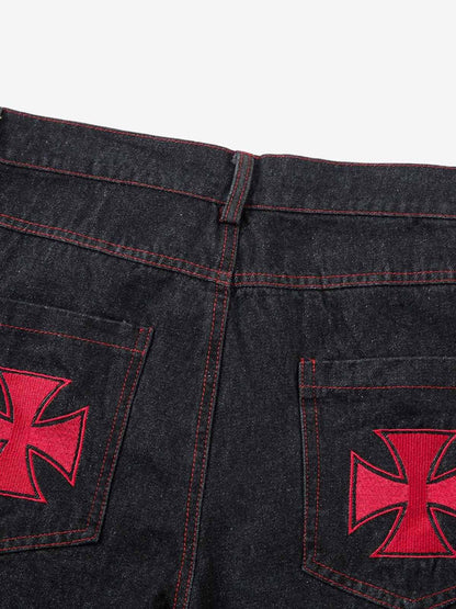 Thesupermade Contrast Thread Cross Letter Embroidered Jeans