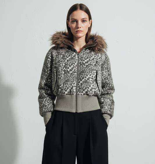 Retro Cheetah  Fur Collar Cotton Jacket