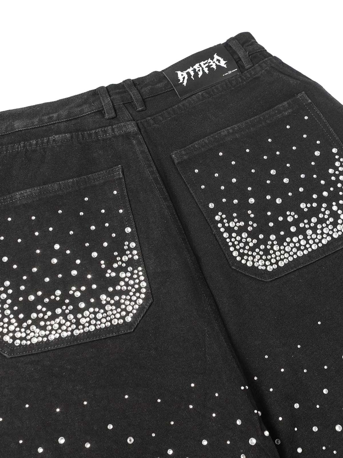 Retro Washed Rhinestone Raw Edge Denim Shorts - 2419