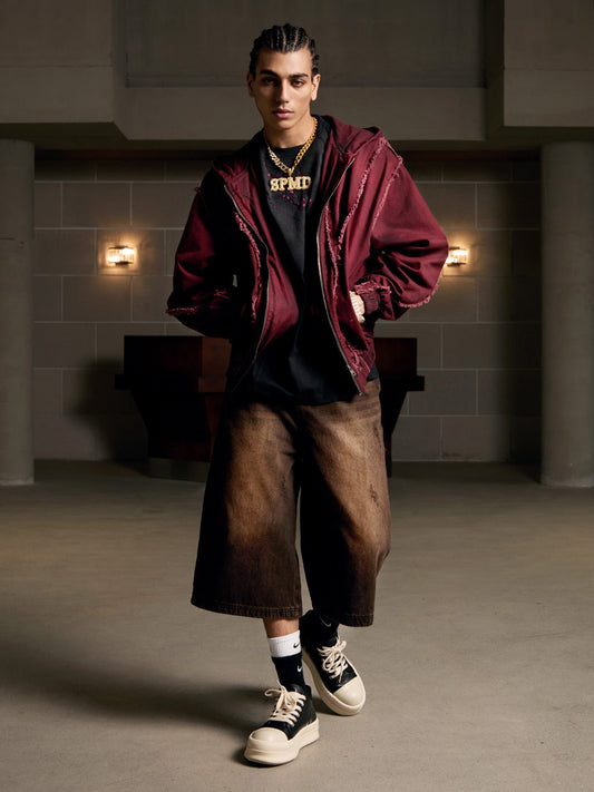 Thesupermade Washed Distressed Fur Hooded Jacket