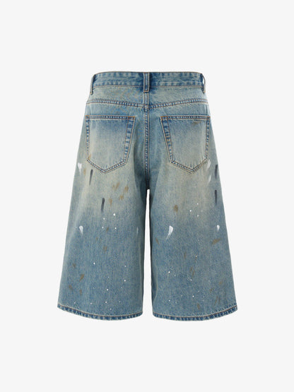 Washed Distressed Ink-splashed Denim Shorts