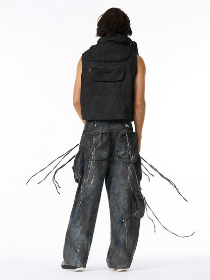 Distressed Cargo Denim Pants with Star Belt - Perfect for Edgy Street Style